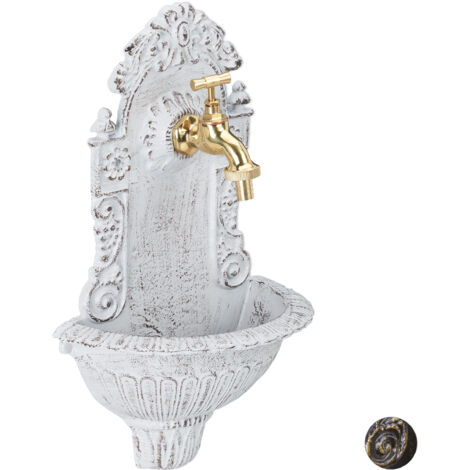 Relaxdays Fontana a parete stile antico con rubinetto, lavabo da giardino in alluminio, 40x24,5x13 cm, bianca