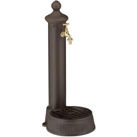 Relaxdays Fontana da Giardino in Stile Antico, Fontanella a Colonna con Rubinetto e Vaschetta, HLP: 65x25x30 cm, Marrone