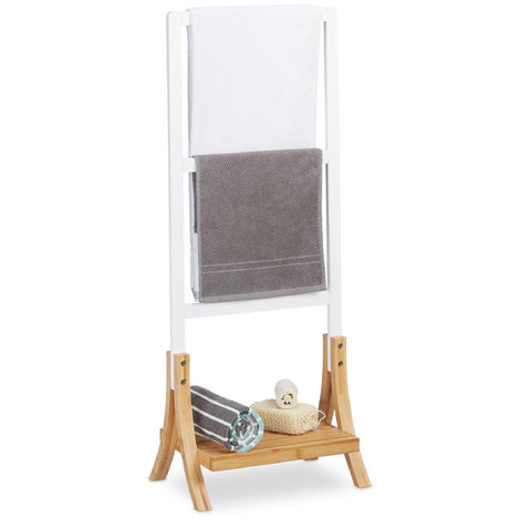 main image of "Relaxdays Free-Standing Bamboo Towel Holder, H x W x D 104 x 41 x 28.5 cm, 3 Rails and 1 Shelf, Clothes Stand, Natural Brown, White"
