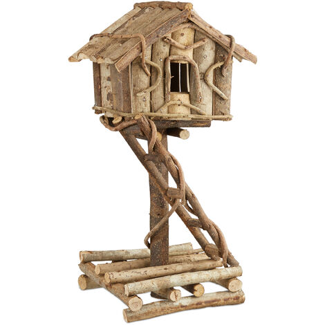 Relaxdays Freestanding Bird House, Untreated Decorative Bird Hotel on Stand, Handmade Nesting Box with Ladder, Natural