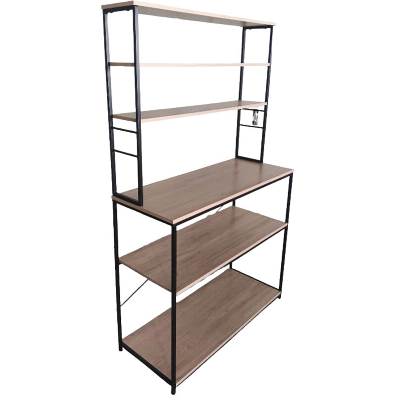 Relaxdays Kitchen Rack, 6 Shelves With Worktop, H X W X D 167 X 100 X 40 Cm, Open Microwave Rack, Natural/black