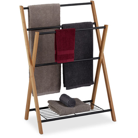 Relaxdays Freestanding Towel Rail, 4 Towel Rails, Bath Shelf, Metal, Bamboo, HWD 87 x 60.5 x 37.5 cm, Black/Natural