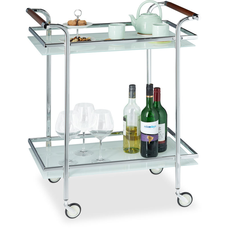 Frosted Glass Serving Trolley, Tea Station, Push Cart, 2 Tiers, Open, Deluxe Castors, hwd 85x66x43 cm, Silver - Relaxdays