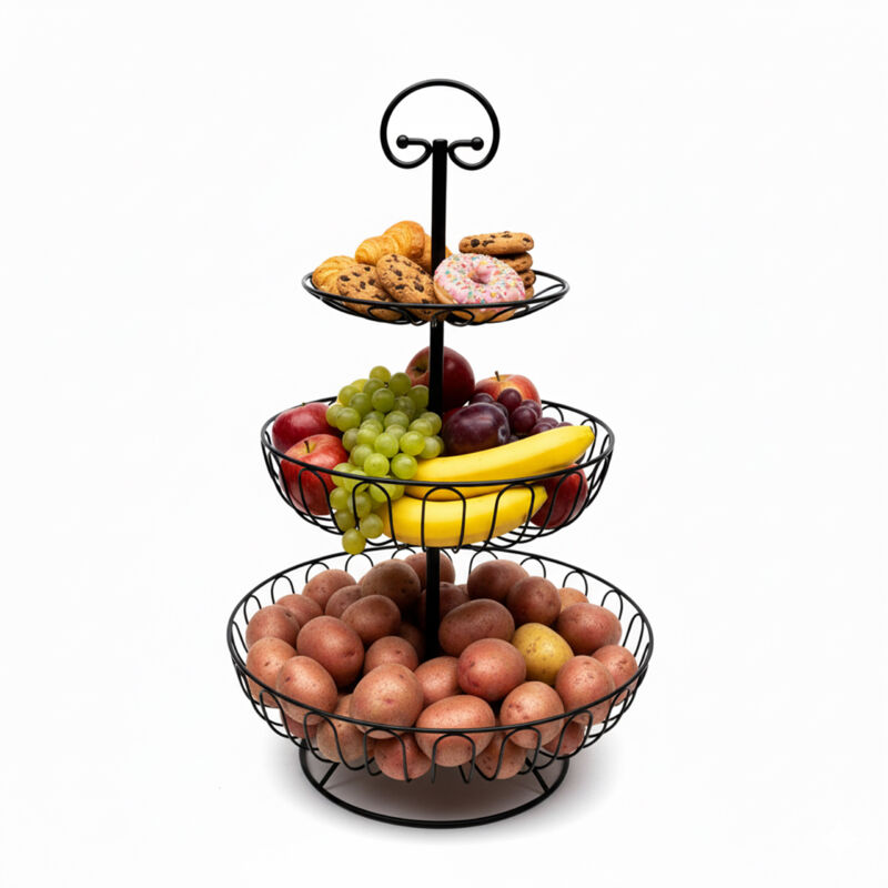 Relaxdays Fruit Bowl, 3-tier, Metal, Hxd, 47 X 30 Cm, Fruit, Vegetables, With Handle, Decorative, Black