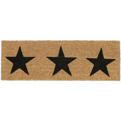 Relaxdays Fußmatte Kokos, Sterne, 75x25 cm, schmaler Türvorleger, innen & außen, rutschfest, wetterfest, natur/schwarz