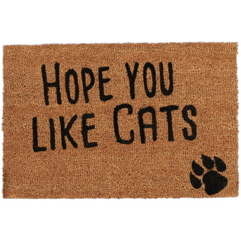 Relaxdays Fußmatte mit Spruch, Hope you like Cats, Katzenmotiv, Kokosfasern, Außen & Innen, Fußabtreter 40x60 cm, natur