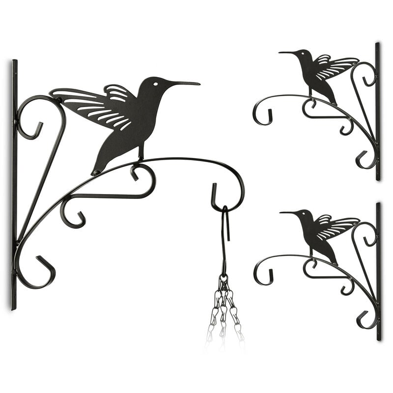 3 Ganchos para Macetas, Diseño Pájaro, Gancho de Pared para Cestos, Decoración de Jardín, Metal, 30 x 28 x 2 cm, negro