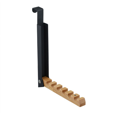 Relaxdays Gancho Plegable para Puerta, Colgante, Colgador para 6 Perchas, Metal y Madera, Renvalso hasta 2 cm, Negro