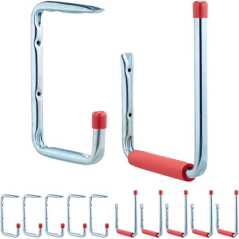 Relaxdays Garage Wall Hooks Set of 12, in 2 Sizes, up to 15 kg, for Tools, Workshop or Cellar, Steel, Foam, Silver-Red