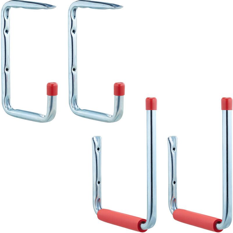 Relaxdays - Garage Wall Hooks Set of 4, in 2 Sizes, up to 15 kg, for Tools, Workshop or Cellar, Steel, Foam, Silver-Red