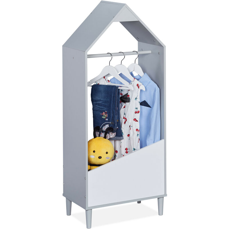 garde-robe pour enfants, chambre d'enfant, avec étagère, portemanteau enfants, hxlxp : 117x48x30 cm,gris/blanc - relaxdays