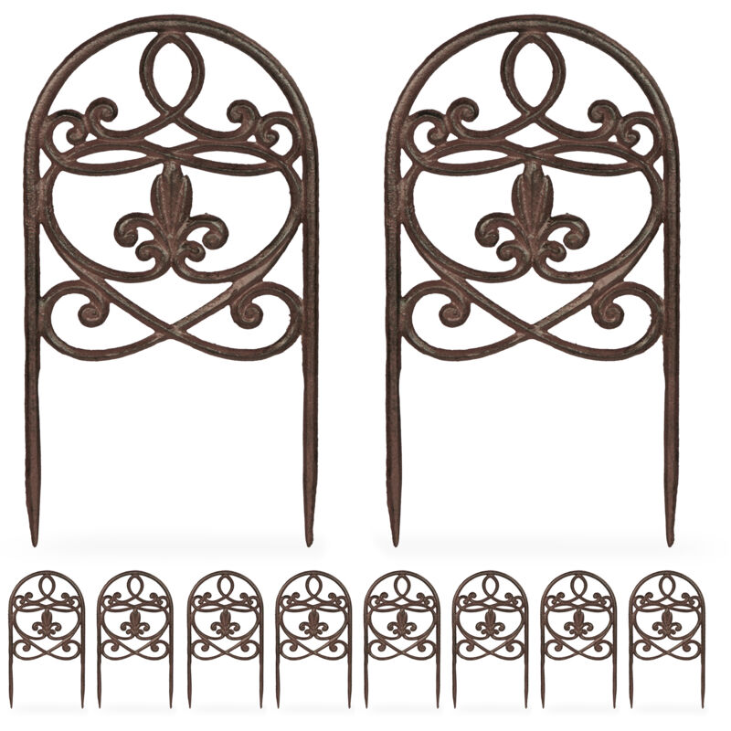 Relaxdays Garden Bed Fence, 10 Panels, Cast Iron, 32.5 X 17.5 Cm, Antique, Flowerbed Edging, Decorative Border, Brown