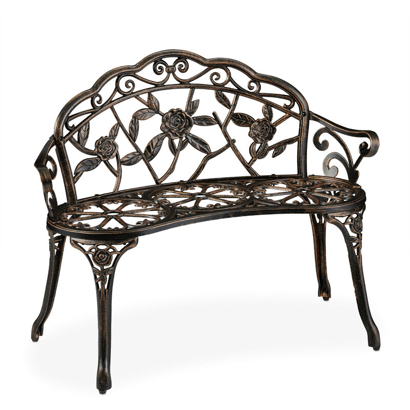 Relaxdays - garden bench, 2-seater, detailed with roses, outdoor furniture, aluminium & cast iron, vintage looking, bronze