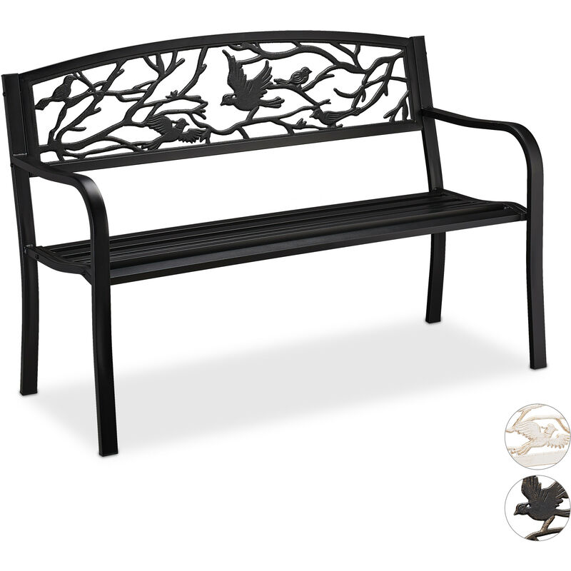 Relaxdays - garden bench, bird design, 2 seater, vintage, garden and patio furniture, outdoor bench, black