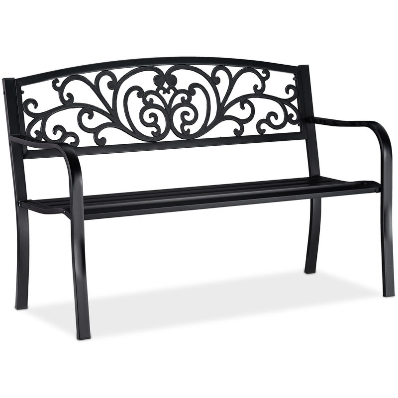 Relaxdays - Garden Bench, Comfortable 2 Seater, Vintage Ornaments, For Patio, Balcony, etc, HWD 86.5 x 127 x 60 cm, Black