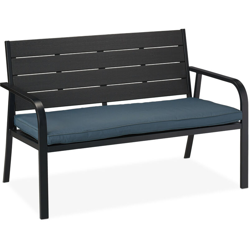 Garden Bench With Seat Cushion, Wood Look, HxWxD: 78 x 118 x 66 cm, 2 Seater, Sturdy , Black/Grey - Relaxdays