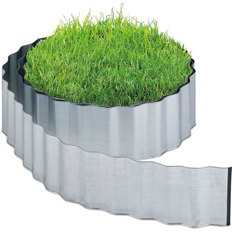 Garden Edging, Lawn Border, 6 M Length, 16 Cm Height, Galvanised, Flexible, Metal, Silver Colour - Relaxdays