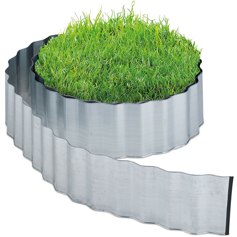 Garden Edging, Lawn Border, 8 M Length, 16 Cm Height, Galvanised, Flexible, Metal, Silver Colour - Relaxdays