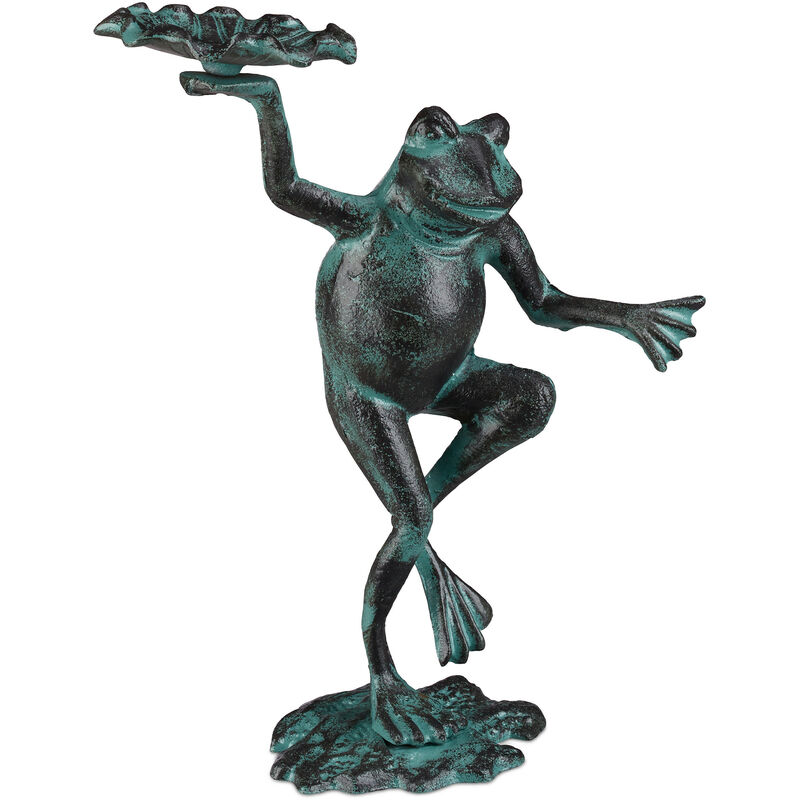 Garden Frog Figurine, Weatherproof, In- & Outdoor Toad, For Balcony, Pond, Cast Iron, Size m, Green - Relaxdays