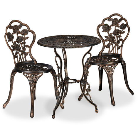 Relaxdays Garden Furniture Set, 3 Pieces, Round Table, 2 Chairs, Antique Metal Design, Cast Aluminium, Black/Bronze