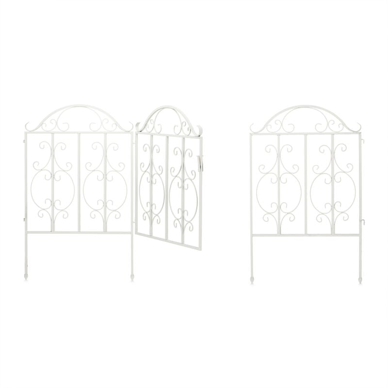 Relaxdays garden gate, 3 parts, expandable, ornate gate with 2 fence elements, made of steel, 185 x 98.5 cm (LxH), white