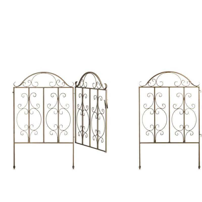 Relaxdays garden gate, 3 parts, expandable, ornate gate with 2 fence elements, made of steel, 185x98.5 cm (LxH), bronze