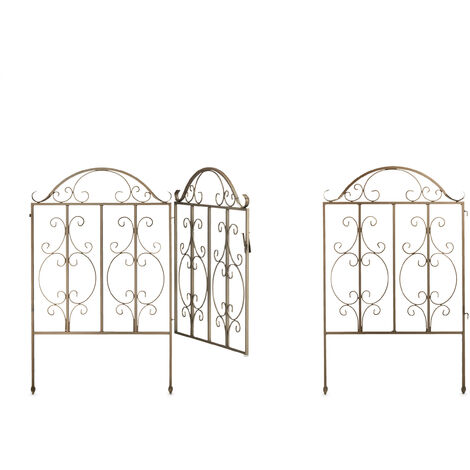 Relaxdays garden gate, 3 parts, expandable, ornate gate with 2 fence elements, made of steel, 185x98.5 cm (LxH), bronze