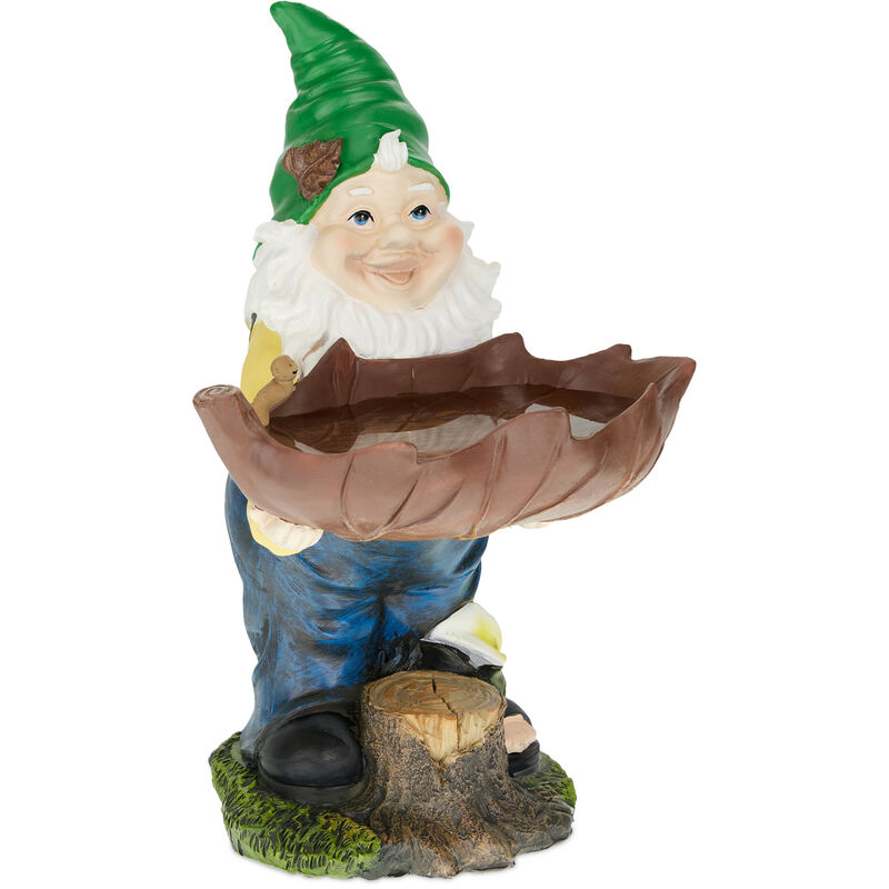 Garden Gnome with Bird Bath, Weather & Frost Resistant, 36 x 22 x 22 cm, Figurine, Polyresin, Multicoloured - Relaxdays