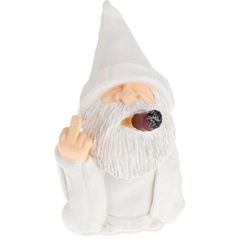 Relaxdays Garden Gnome with Cigar, Giving Middle Finger, Rude Figurine, Frost Resistant, Garden Statue, Polyresin, White
