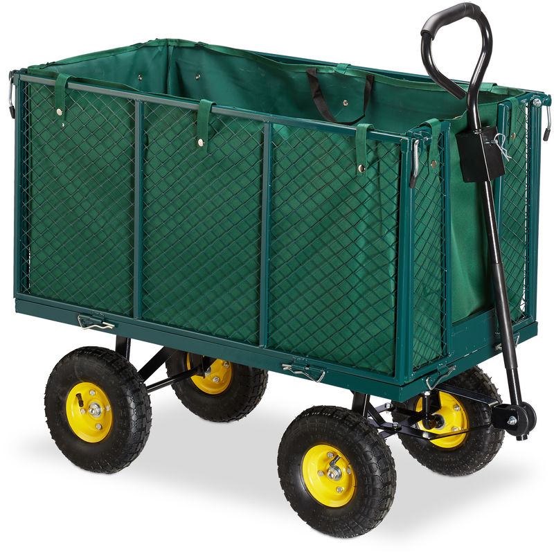 Relaxdays Garden Hand Cart, Large Trailer with Folding Side Panels, Removable Tarp with Handles, Up to 500 kg, Green