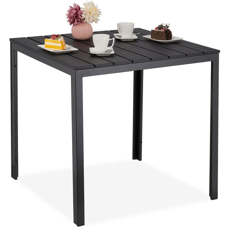 Garden Table, HxWxD: 74x78x78 cm, Balcony Table Wood Look, Plastic, Steel, Patio Table Square, Black - Relaxdays