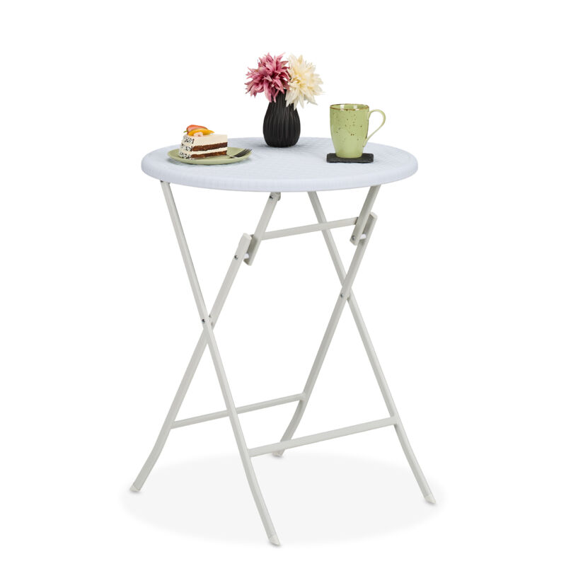 Relaxdays - Garden Table, Foldable, Hwd, 75 X 60 X 60 Cm, Rattan Look, Plastic & Steel, Outdoor, Round, For Balcony, White