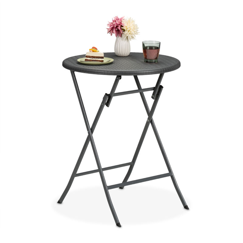 Relaxdays - Garden Table, Foldable, Hwd, 75 X 60 X 60 Cm, Rattan Look, Plastic & Steel, Outdoor, Round, For Balcony, Grey