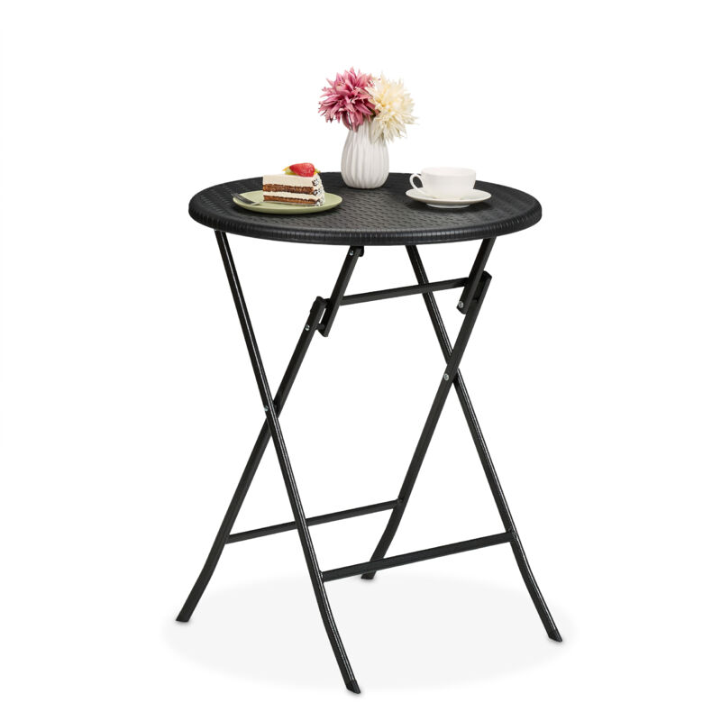 Relaxdays Garden Table, Foldable, Hwd, 75 X 60 X 60 Cm, Rattan Look, Plastic & Steel, Outdoor, Round, For Balcony, Black