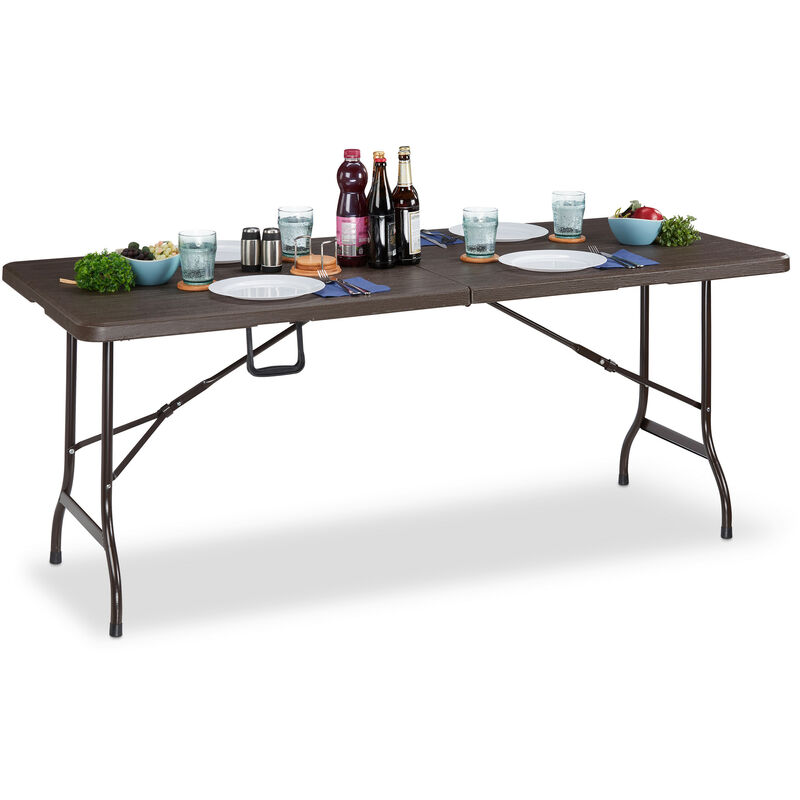 Image of Garden Table, Wood Look, Rectangular Folding Table, Safety Lock, Handle, HxWxD: 73 x 180 x 74 cm, Various Colours - Relaxdays