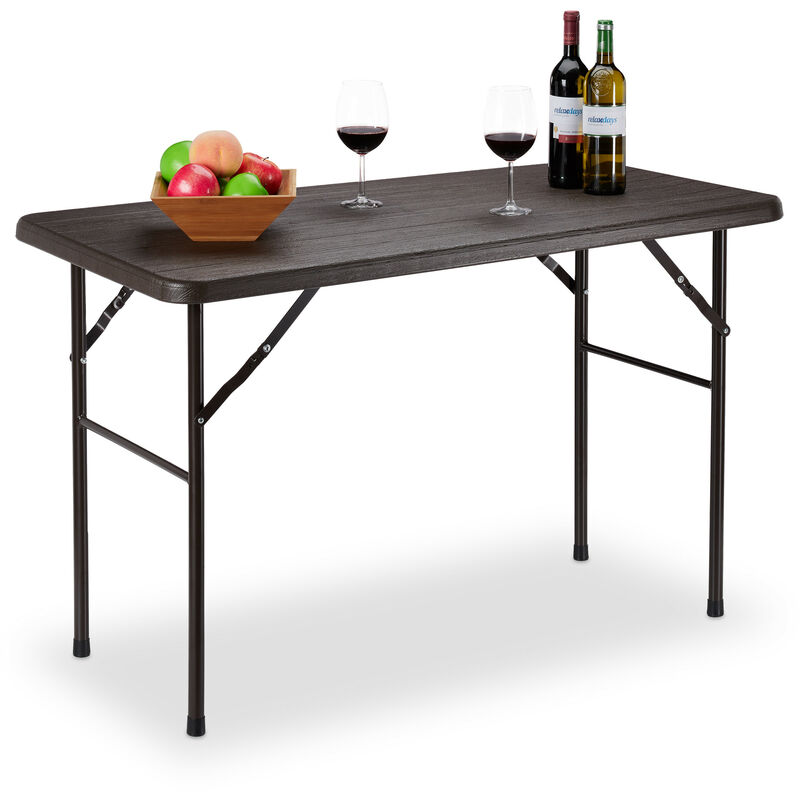 Garden Table, Wooden Look, Rectangular Folding Table, Plastic metal, Balcony, h x w x d 74 x 120 x 60 cm, Brown - Relaxdays