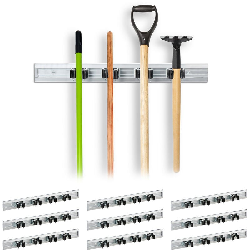 10x Garden Tool Holder, Wall-mounted Mop & Broom Holder, Organisation Bracket, Aluminium, Silver