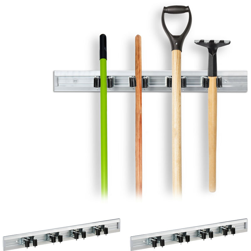 3x Garden Tool Holder, Wall-mounted Mop & Broom Holder, Organisation Bracket, Aluminium, Silver