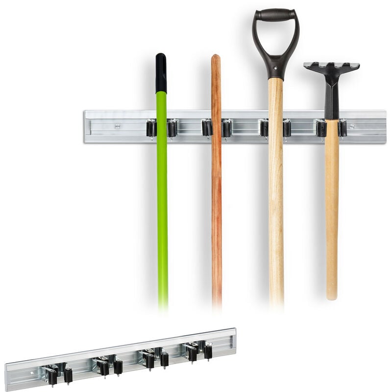 2x Garden Tool Holder, Wall-mounted Mop & Broom Holder, Organisation Bracket, Aluminium, Silver
