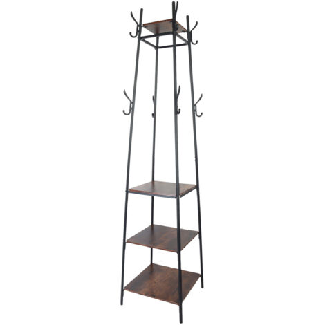 Relaxdays Garderobenständer, 8 Haken, 4 Ablagen, HBT 140 x 43 x 43 cm, Kleiderständer, Eisen & MDF, schwarz/ dunkelbraun