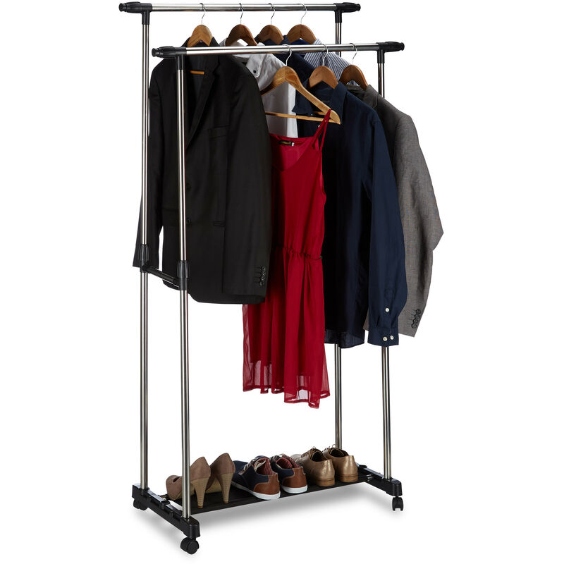 Garment Rack with 2 Clothes Rails on Wheels, Adjustable, hwd: 162x150x48 cm, Silver/Black - Relaxdays