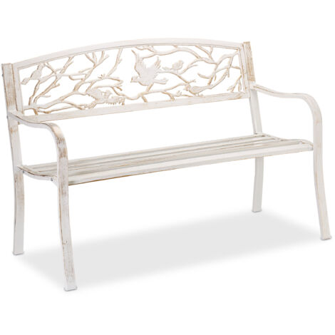 Relaxdays Gartenbank, Vögel Muster, 2-Sitzer, Vintage, Garten & Balkon, Stahl, Sitzbank, HBT: 87x127x57 cm, weiß/bronze