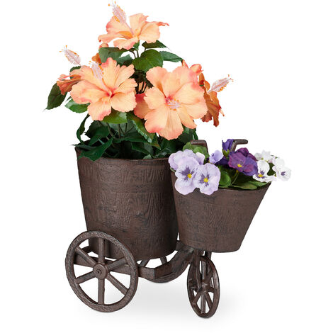 Relaxdays Gartendeko Fahrrad, 2 Übertöpfe, zum Bepflanzen, Gusseisen Dreirad, Blumenständer, HBT: 26 x 18 x 32 cm, braun