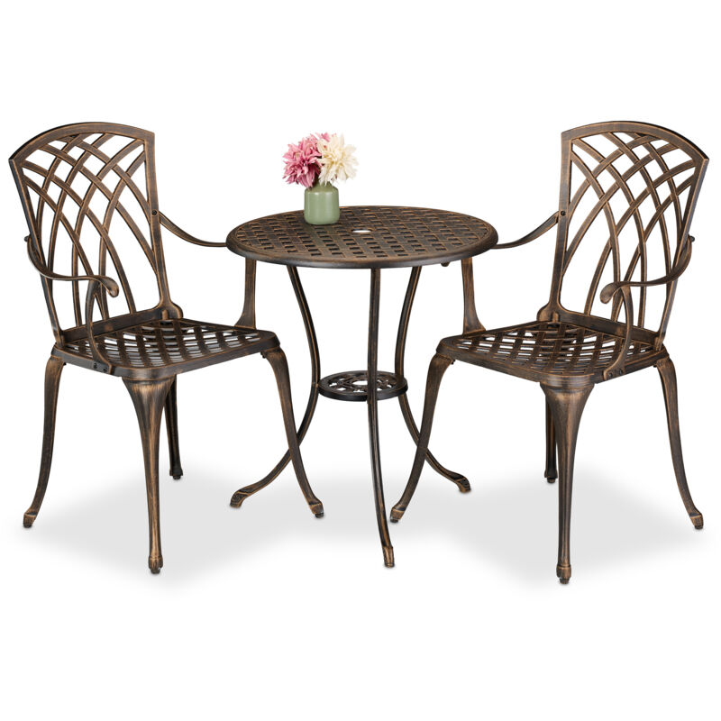 Relaxdays Gartenmöbel Set 3-teilig, Tisch, 2 Stühle, Aluguss, Balkonmöbel Antikdesign, Garten Sitzgruppe, Schwarz/bronze