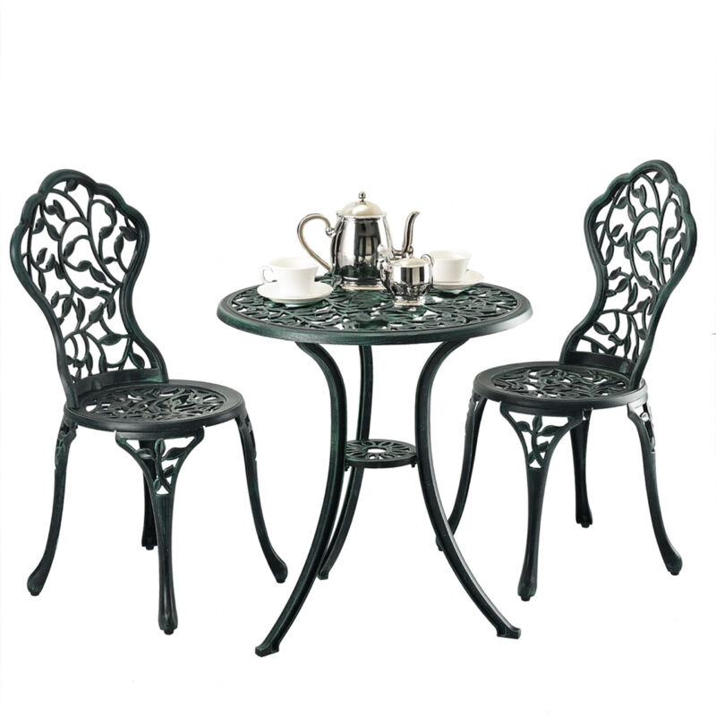 Relaxdays Gartenmöbel Set, 3-teilig, Tisch & 2 Stühle, Aluguss, Balkonmöbel Mit Blättermuster, Garten Sitzgruppe, Grün