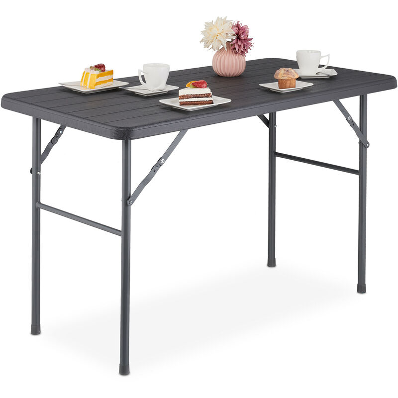 Relaxdays Gartentisch, Holzoptik, Eckig, Hxbxt, 74 X 118 X 60 Cm, Kunststoff, Metall, Klappbarer Terrassentisch, Grau