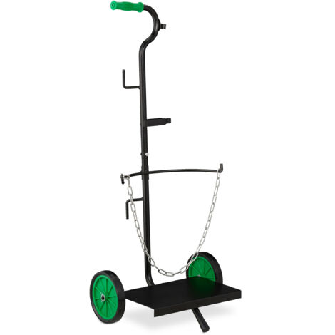 Relaxdays Gas Cylinder Dolly, 5 & 11 kg Propane Tank Hand Cart, Butane Bottle Trolley, Rubber Wheels, Steel, Black/Green