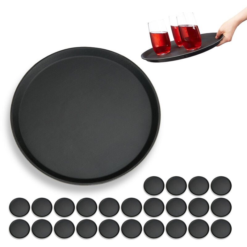 Set of 25 Relaxdays Gastro Trays, Non-Slip Surface, Elevated Rim, Serving Platter for Cafés, Restaurants, Ø 35 cm, Black