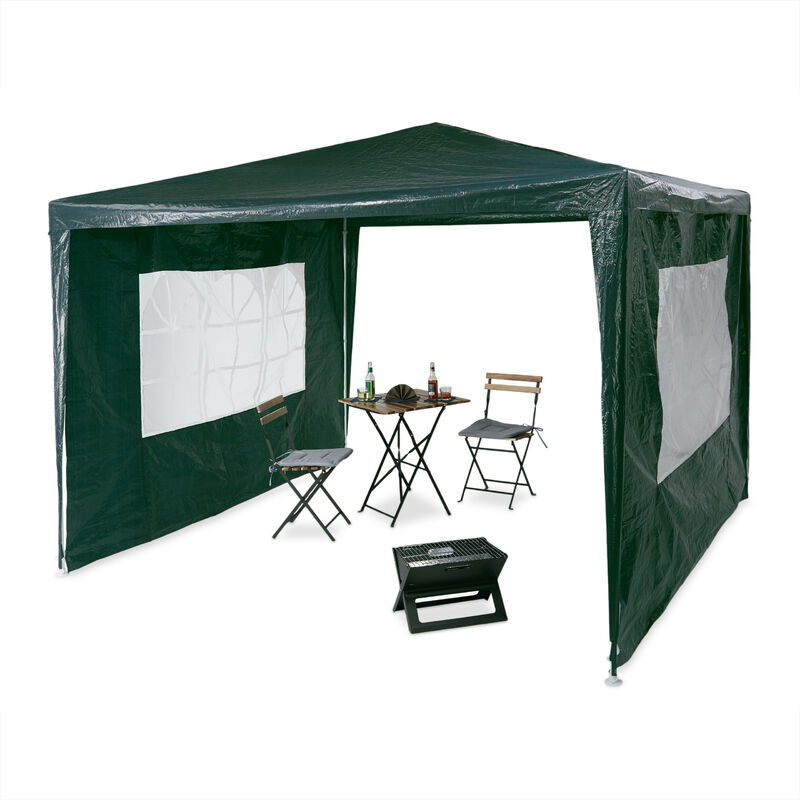 Relaxdays - Gazebo 3x3 m, 2 Side Walls, Metal Frame, PE Cover, Window, Enclosed Festival Party Tent Event Shelter, Green