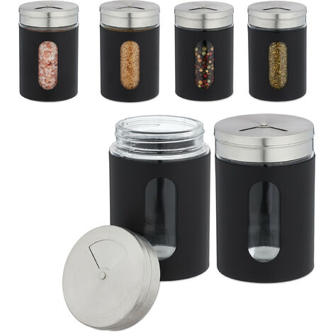 Relaxdays Gewürzstreuer, 6er Set, 3 Streugrößen, Gewürze & Kräuter, XL Gewürzgläser, 290 ml, Glas & Edelstahl, schwarz